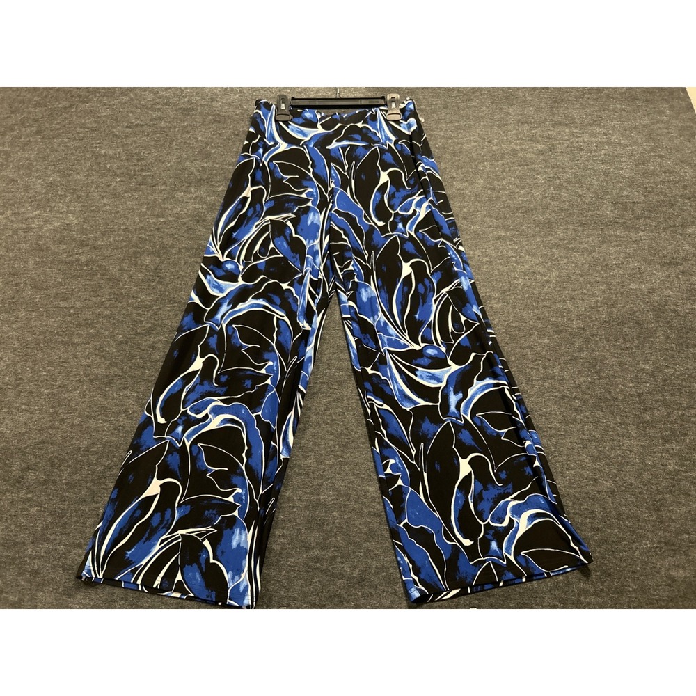 Anne Klein Wide Leg Pants Womens 1X Blue Black Floral Abstract Office Casual